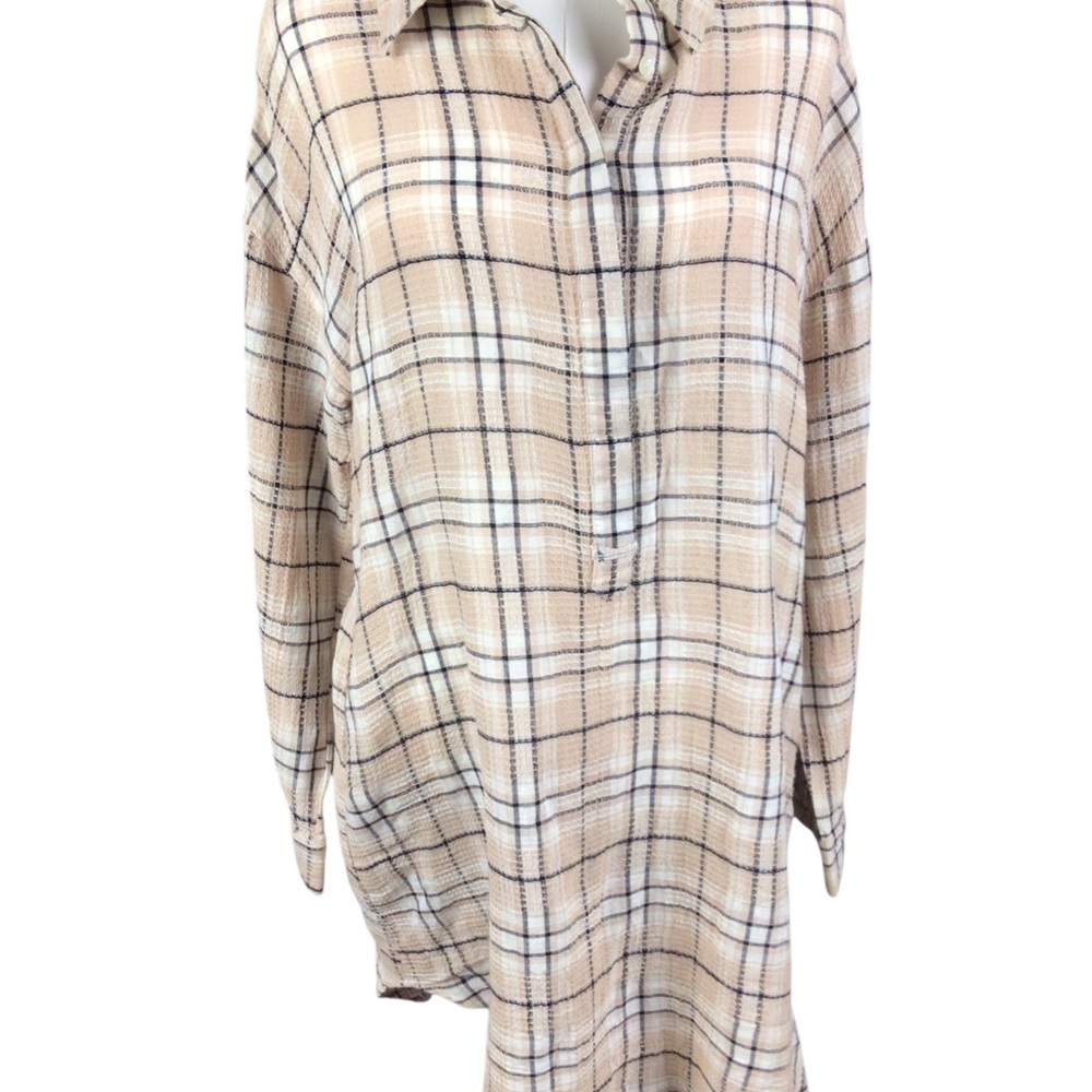 Ellison Shirt Dress 100% Cotton Plaid Button-Up Large Beige Black White